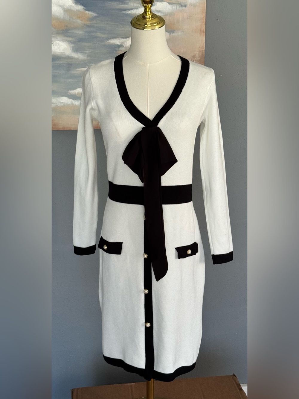 Taylor White Black Colorblock Knit Bow Front Button Sheath Dress S Long Sleeve